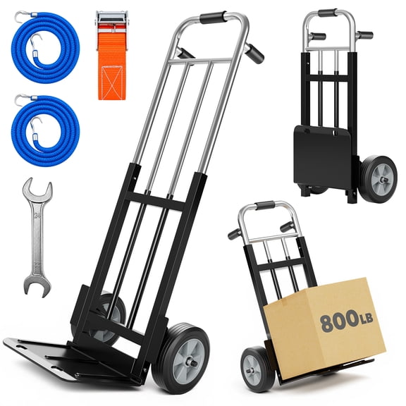 800 lb Heavy-Duty Folding Hand Truck, High Carbon Steel Dolly Cart with 8-In. Solid Rubber Wheels, Dual Foam Grip Handles for Home & Warehouse