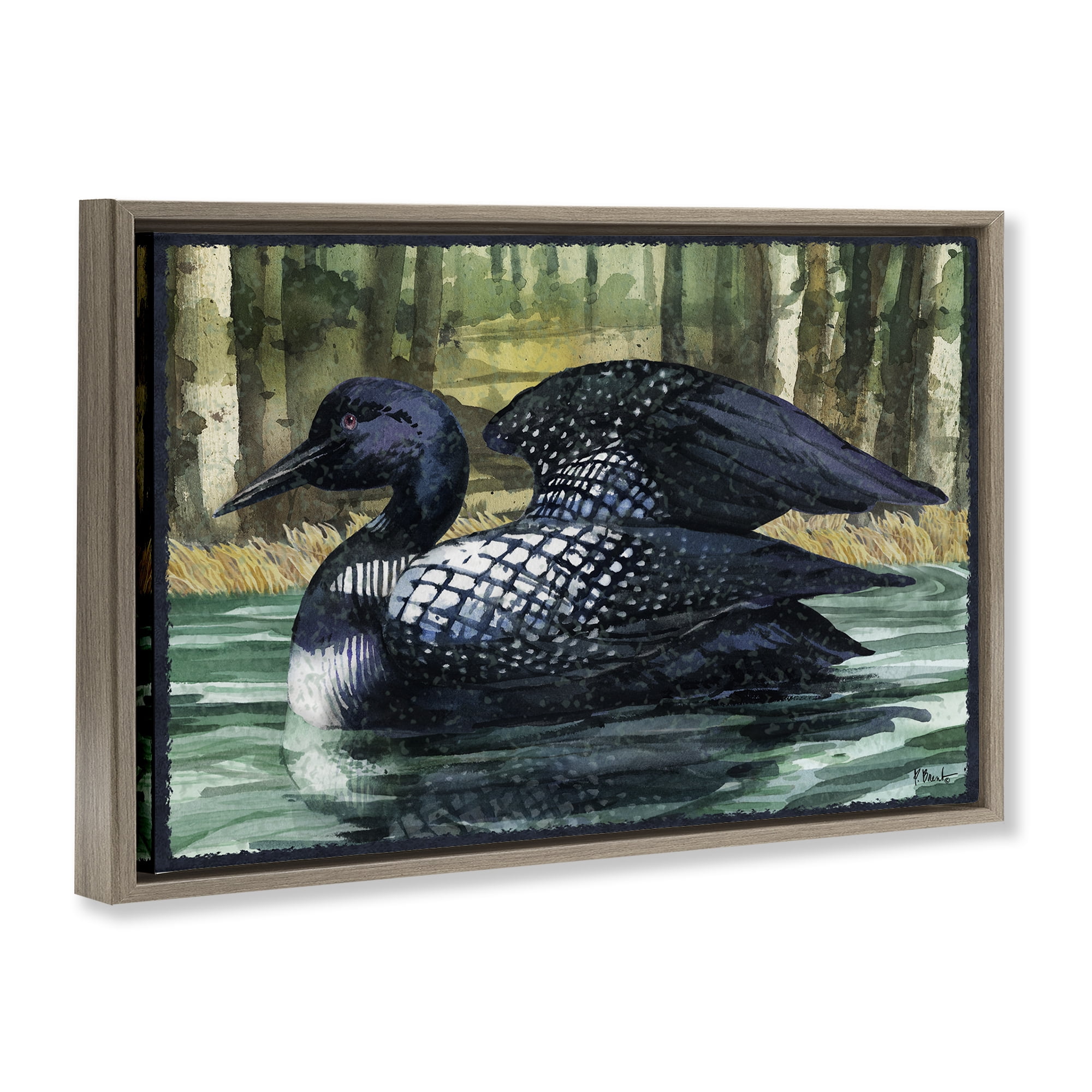 Stupell Industries Swimming Woodland Loon Animals Painting Brown Floater Framed Canvas Art Print Wall Art, 25 x 17