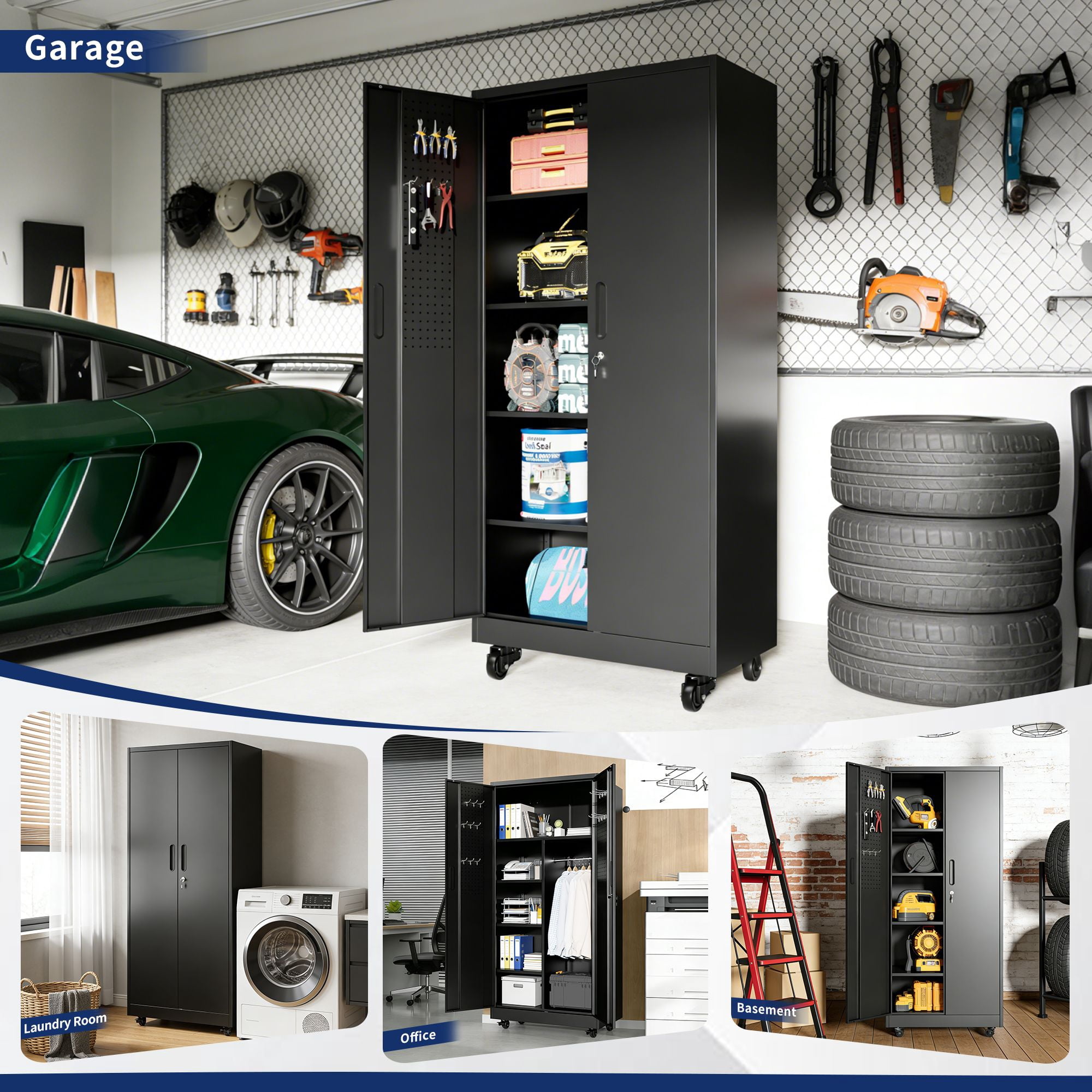 Steel Storage Cabinet with Lockable Doors, 71 in Freestanding Metal Wardrobe with Adjustable Shelves and Hanging Rod for Home, Office, School, Garage