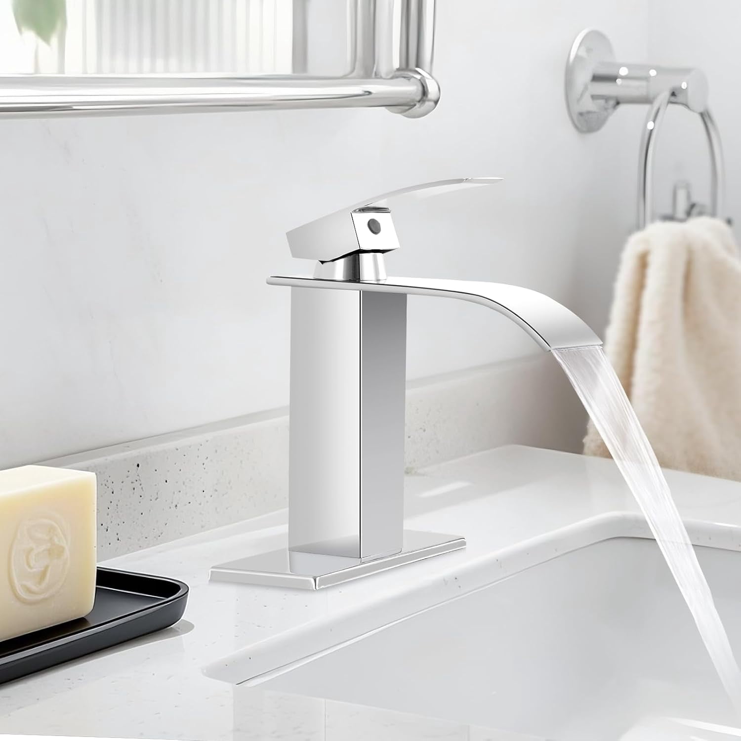 ORB Bathroom Faucets, Waterfall Bathroom Sink Faucet Modern Single Handle Bathroom Faucte 1 or 3 Hole, RV Mixer Tap Vanity Faucet - Includes Pop-up Drain Supply Hoses Deck Plate