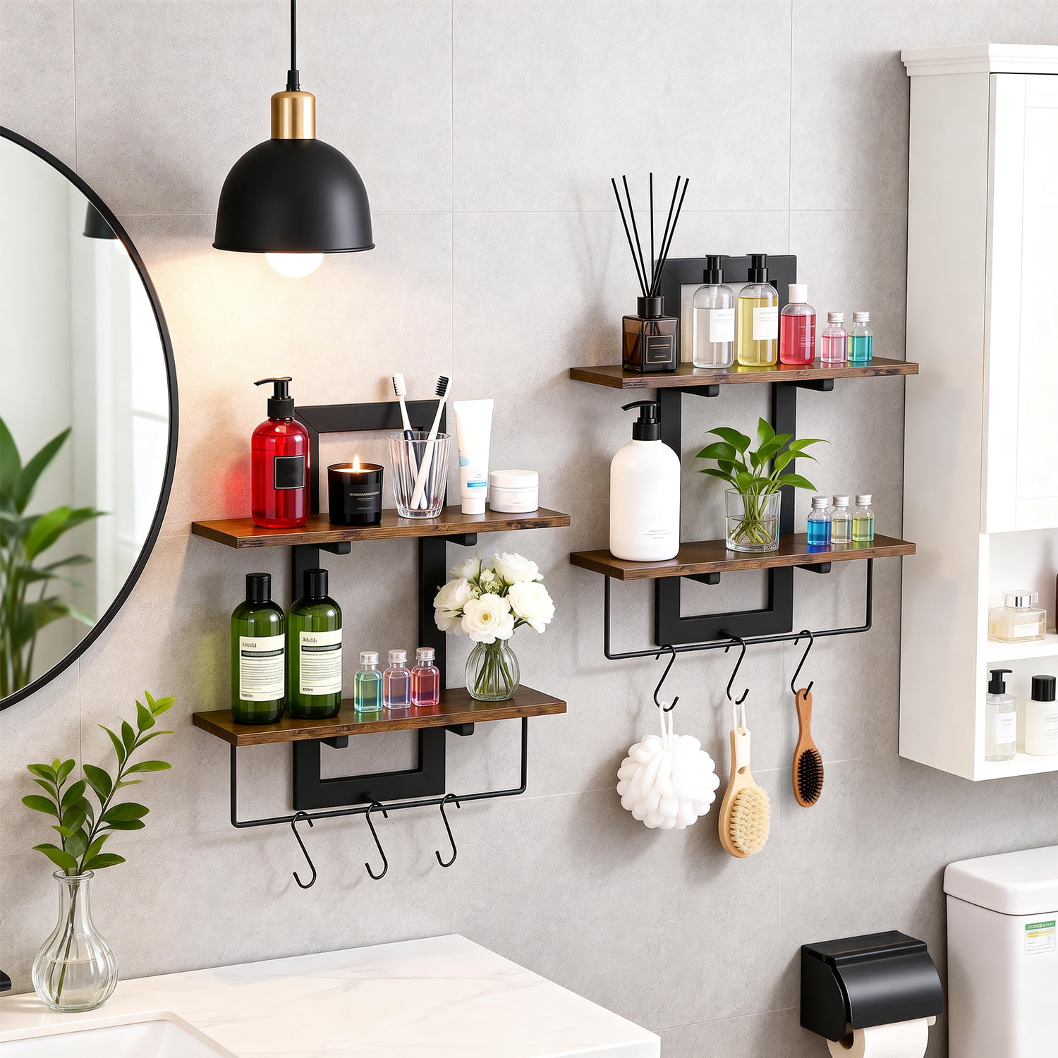 2-Tier Wood Floating Shelves Wall Mounted, Rustic Brown Decorative Storage Shelves for Bathroom Bedroom Living Room Kitchen, 2 Pack