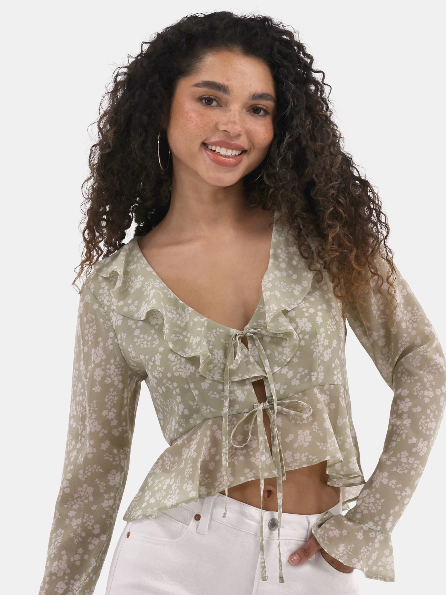 No Boundaries Ruffle Woven Top, Women's - Walmart.com