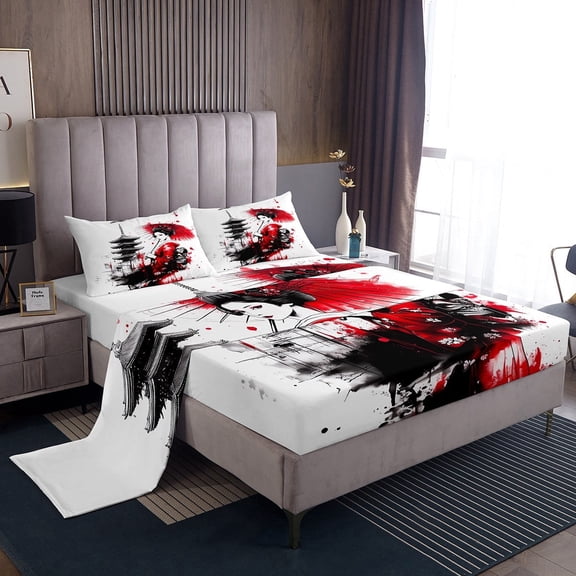 Erosebridal Japanese Geisha Sheet Set Twin,Japanese Style Bedding Sets Twin Size,Teens Bedroom Decor,Breathable,3pcs