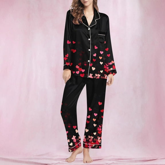 FDGIU Valentine's Day Sleepwear for Women - 2 Piece Long Sleeve Pajama Set with Heart Print Top Comfy Loungewear Set