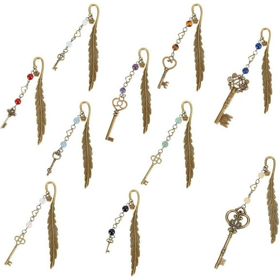 10pcs Feather Bookmarks Metal Bookmarks Vintage Gemstone Beading Bookmarks Bronze Key Book Markers for Reading Book Lovers Teacher's Day Delicate Gifts Colorful DIY