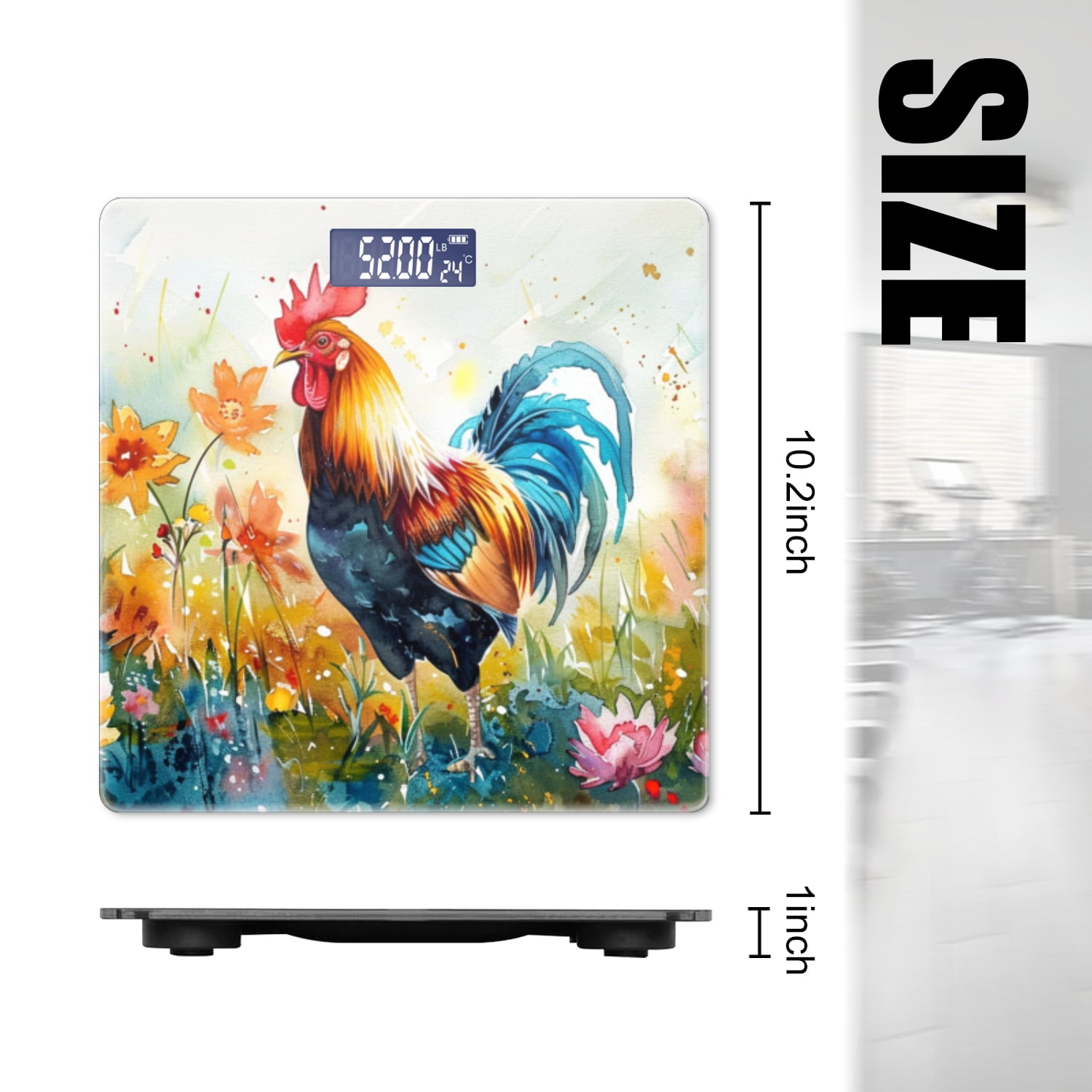 Bathroom Scale, Highly Accurate Digital Body Scale,Precisely Measures Weight up to 400 lbs-Adorable Rooster Standing Surrounded By Vibrant Flowers