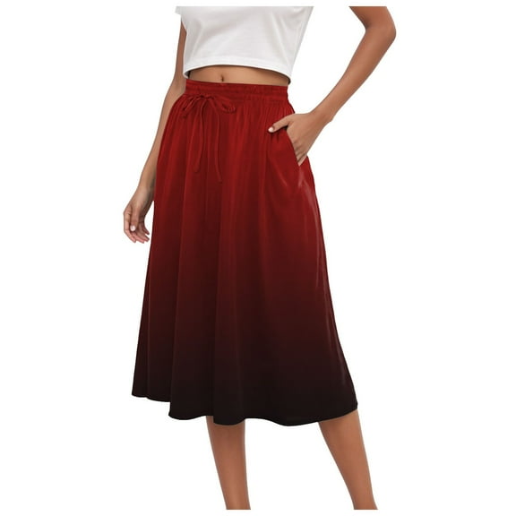 vigerkar Women's Boho Floral Print Elastic High Waist A Line Flowy Swing Elegant Midi Skirt Red, L