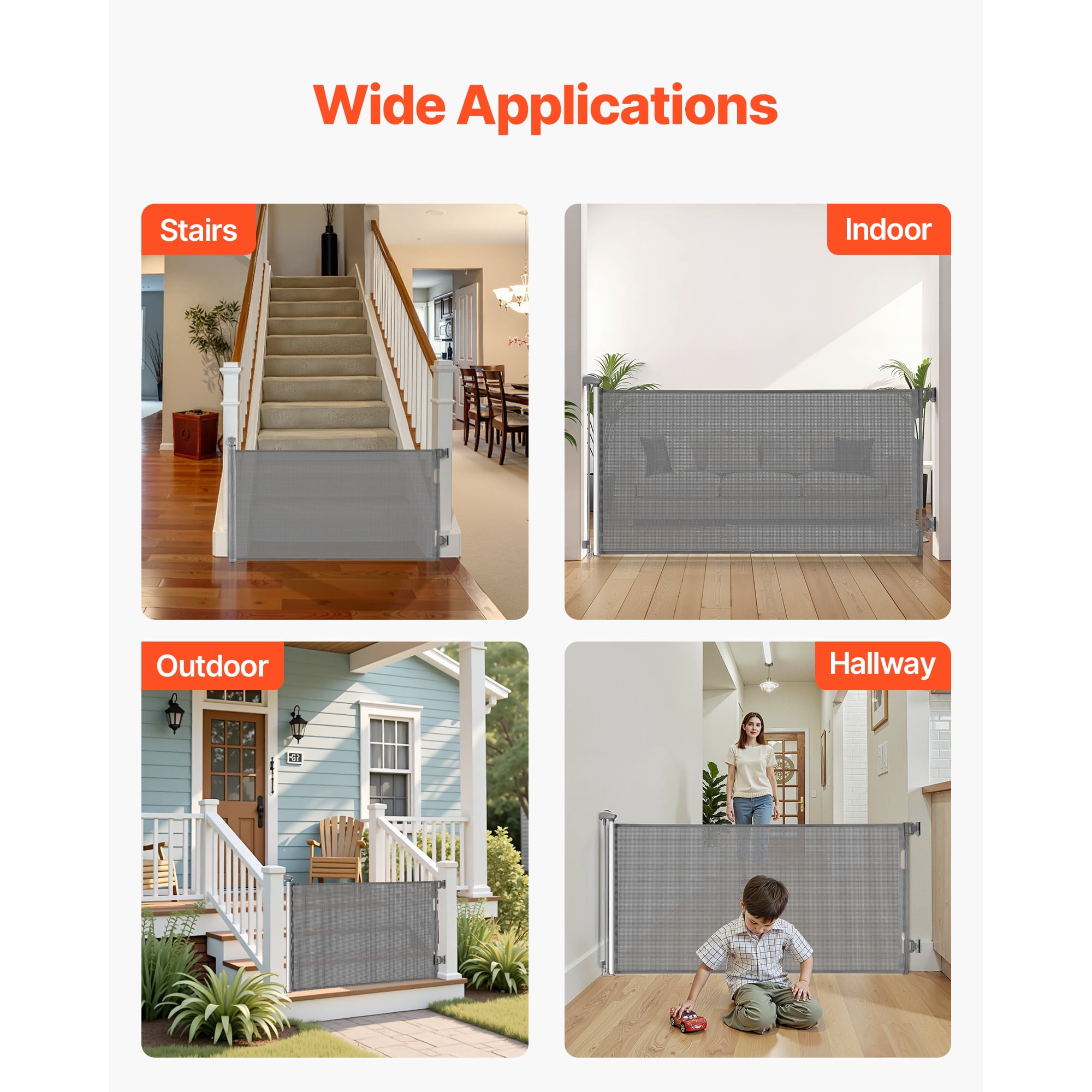KFFKFF Retractable Baby Gate, Expands to 72.8 Inches Wide and 31.3 Inches Tall, Features Safety Lock, Convenient Operation, Trip-Free Design, Mesh Pet Barrier for Stairs, Hallways, Indoor/Outdoor Use