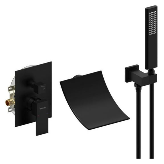 Matte Black Tub Faucet with Handheld Shower Head, Waterfall Tub Spout, Wall Mount Bathroom Faucet Mixer, 1 Handle, 6.1" Curved Spout, 1/2 NPT