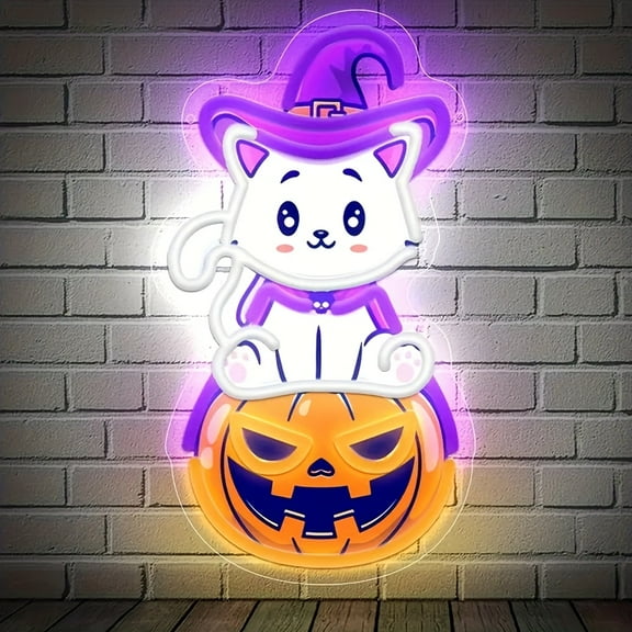 Halloween Witch Cat Neon Sign - USB-powered purple & orange anime wall light with plush toy & pumpkin design. Perfect for home, cafe, or bar decor.
