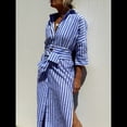 thumbnail image 4 of Vestido Camisero Informal para Mujer, con Solapa, 3/4, Cuello Abotonado, Abertura y Lazo, Vestido Maxi Estilo Resort. Azul M, 4 of 10