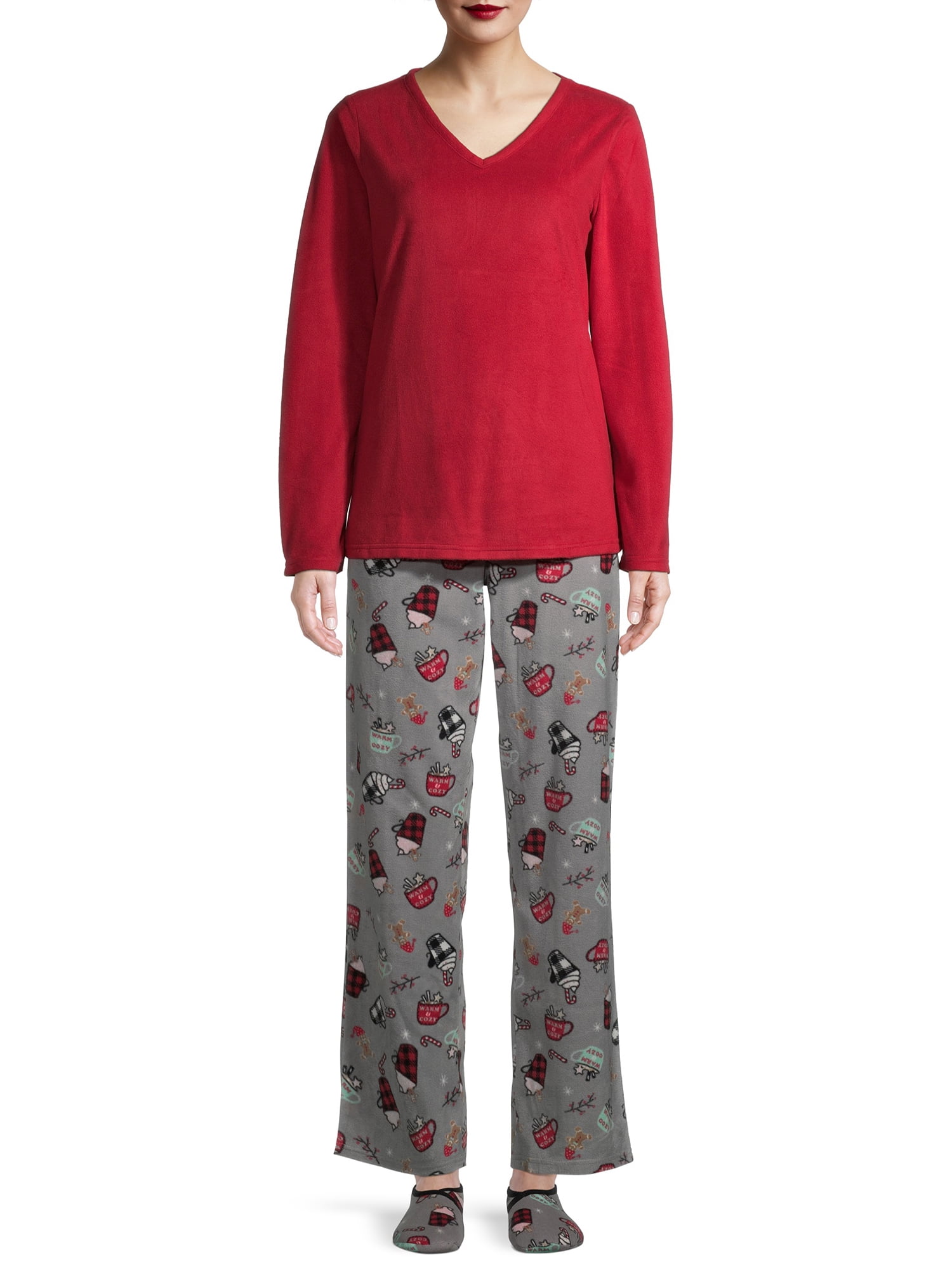 Hanes Hanes Women's Cozy Fleece Pajama Set with Plush Slippers, 3