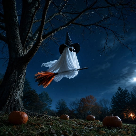 Orangide Outdoor Halloween Decoration Hanging Ghost Witch, 28 In Large Hanging Flying Ghost on Broomstick with Witch Hat Lighted, Ghost Decor for Porch Yard Tree