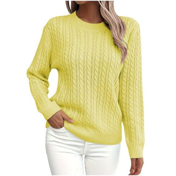 Scyoekwg Fall Tops for Women 2025 Long Sleeve Casual Crew Neck Knit Sweater Pullover Trendy Loose Pullover (Yellow,L)