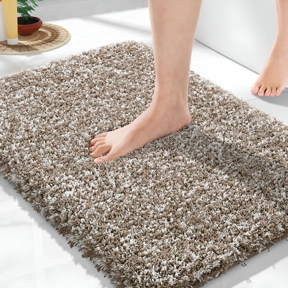 RLESO Bathroom Rugs Non Slip Washable,Ultra Soft and Water Absorbent Bath Mats,Plush Fluffy Shower Mat Outside,Microfiber Thick Matts for Bathroom Floor/Sink,24X17,Light Brown and White
