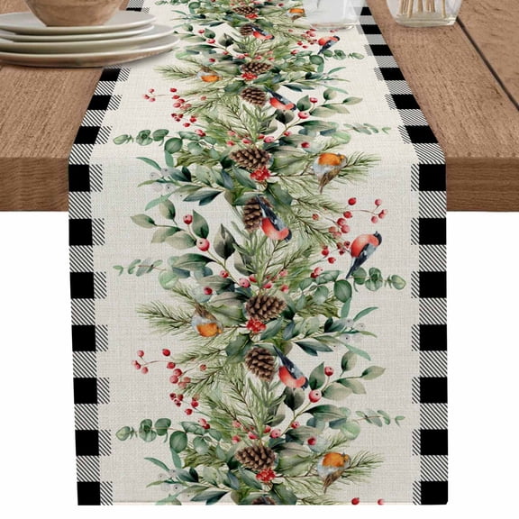 nqOlkjepod Christmas Table Runner 90 Inches Long Farmhouse Dress Scarves, Winter Poinsettia Leaf Xmas Birds Eucalyptus Berry Dining Tablerunner for Coffee Table/Kitchen Island/Party Décor, 13" x 90"