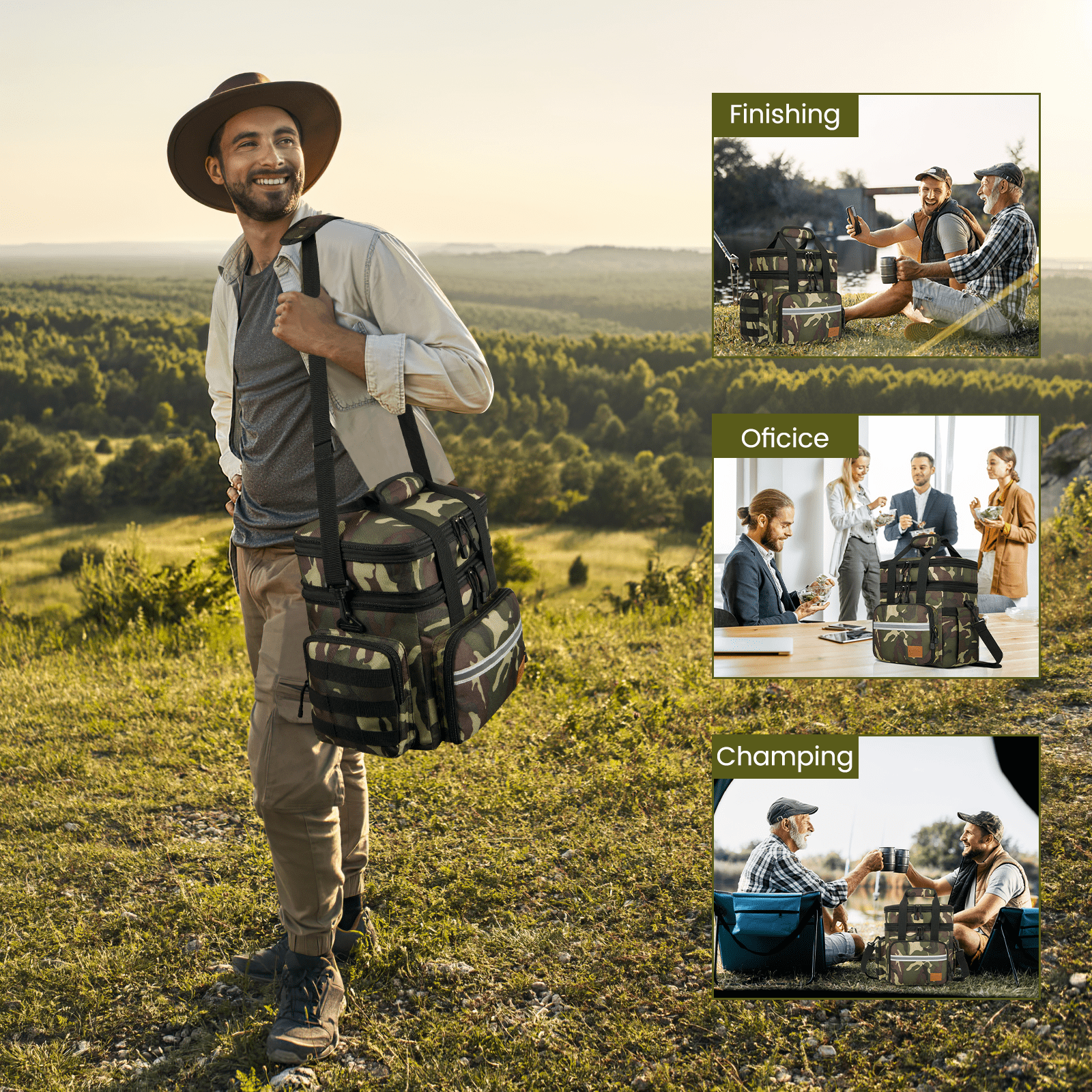 Expandable Insulated Lunch Bag w/ Leakproof Design - 24 Can Capacity, Double Deck Cooler Box with Adjustable Shoulder Strap/Side Pockets for Men & Women - Durable for Work/Travel/Outdoor, Camo Green