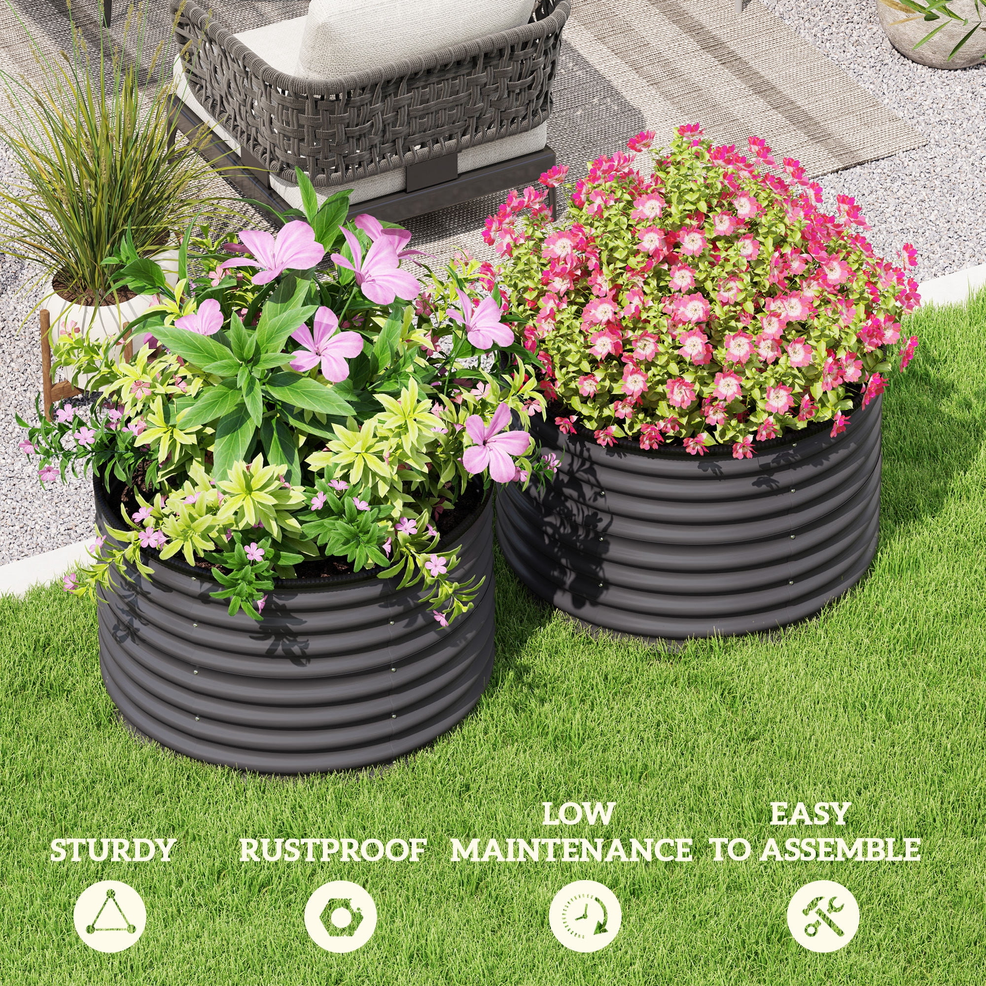 Outsunny Galvanized Raised Garden Bed, Set of 2 Planter Box with Safety Edging, Easy-to-assemble, Dark Gray