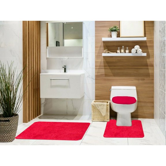 Tobin 3 Piece Bathroom Rug Set, Bath Mat, Contour Rug, Toilet Seat Lid Cover, Non-Slip Rubber Back, Floor Mats, Water Absorbent, Low Pile- Red
