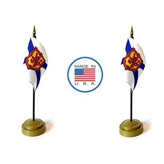 Made in The USA Flag Set. 2 Nova Scotia Rayon 4"x6" Miniature Office Desk & Little Hand Waving Table Flags Includes 2 Bronze Flag Stands & 2 Small Mini Nova Scotia Stick Flags