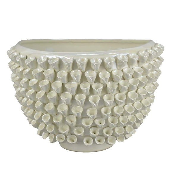 Modern Decorative Bowl, 3D Texture Embellished White Ceramic, 14 Inch