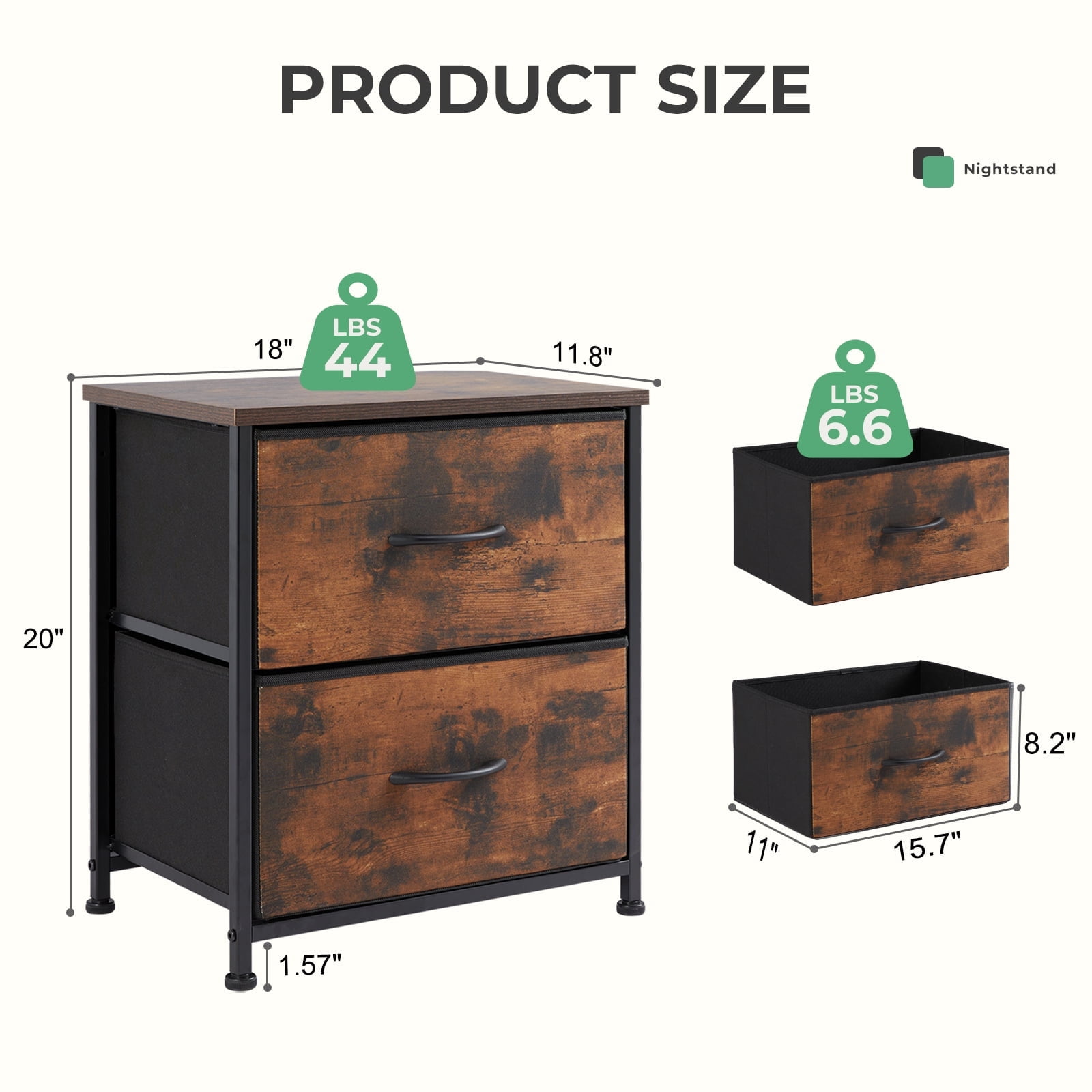CONCETTA 2-Drawer Fabric Storage Dresser, Nightstand Bedside End Table for Bedroom, Dorm, Small Space, Storage Furniture for Adults, Rust