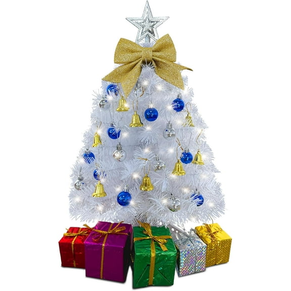 Small White Christmas Tree with Lights - 23 Inch Mini Tabletop Christmas Tree with Warm-White LED Lights, Hanging Ornaments, Decorative Bow and Gift Boxes - Table Tree for DIY Christmas Decoration