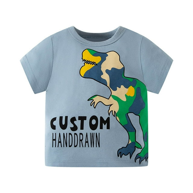 Hiiyo T-Shirt en Coton pour Petits Garçons Imprimé Dinosaure Manches Courtes, Bleu