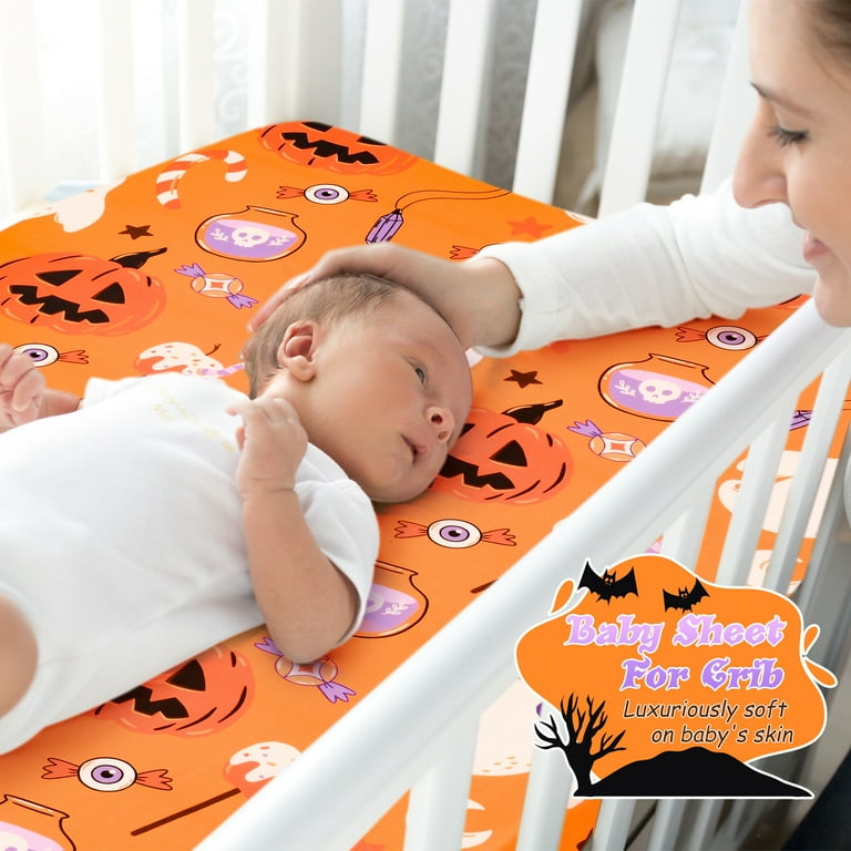 Halloween Crib Sheet Baby Sheets Fitted Crib Sheet Cute Ghost Pumpkin Nursery Crib Sheet Soft Breathable Standard Size Crib Bedding Set for Toddler
