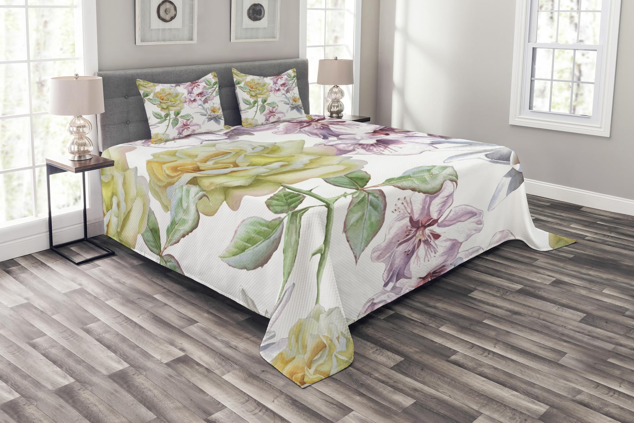 Floral Bedspread Set Queen Size, Rose Petals Sakura Lily Flowers Blooms