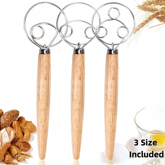 3PCS Danish Dough Whisks, Premium Mixing Whisk Tools for Kitchen Baking Wooden Handle Stainless Steel Manual Dough Mixer Bread Cake Making(3 Size Included)
