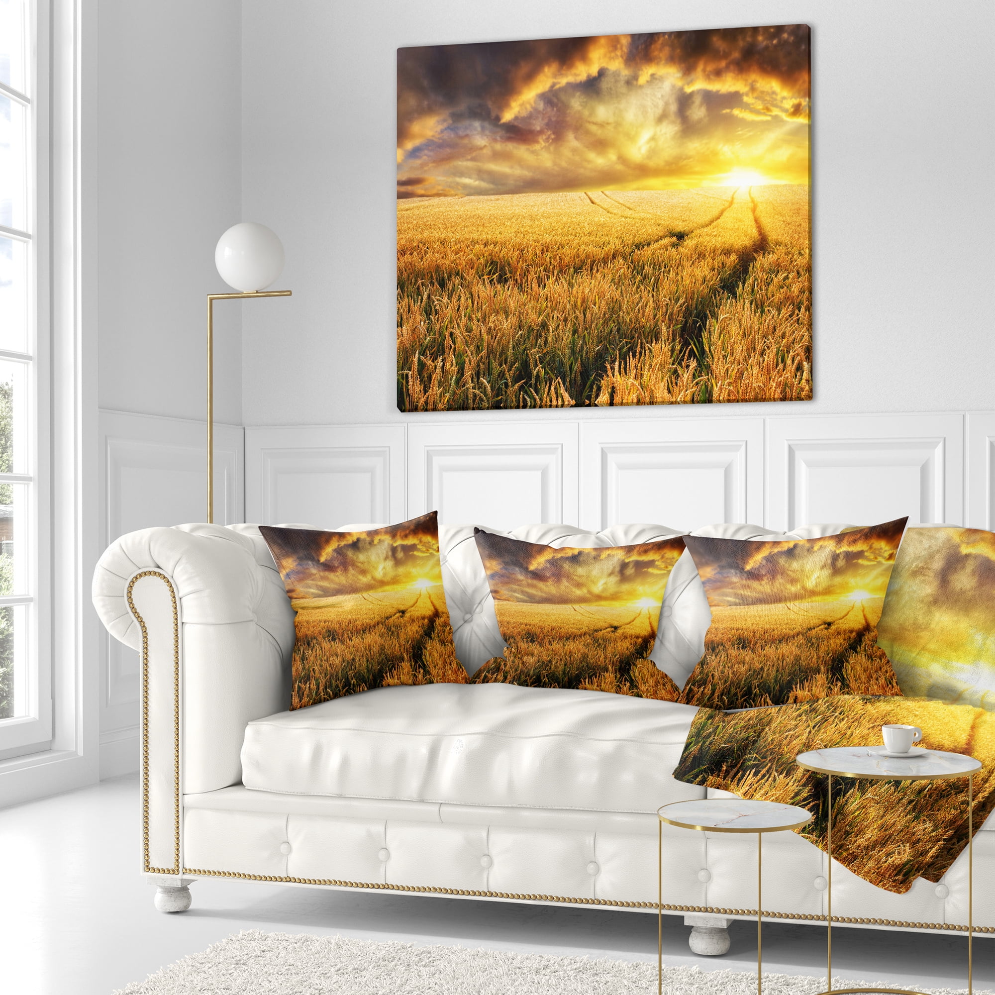 Designart Amazing Sunset over Yellow Field - Landscape Printed Throw Pillow - 16x16