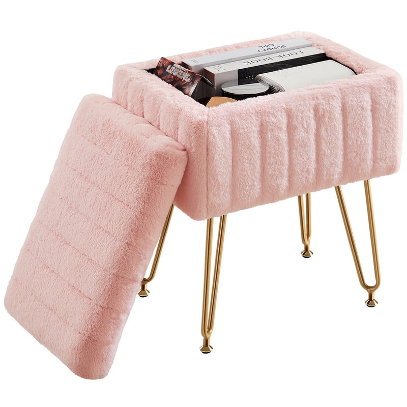 Gianna Square Ottoman with Storage, Makeup Cute Soft Small Footstool, Modern Style Faux Fur Seat with 4 Metal Legs & Adjustable Feet for Dressing, Living Room Bedroom Dorm, Pink