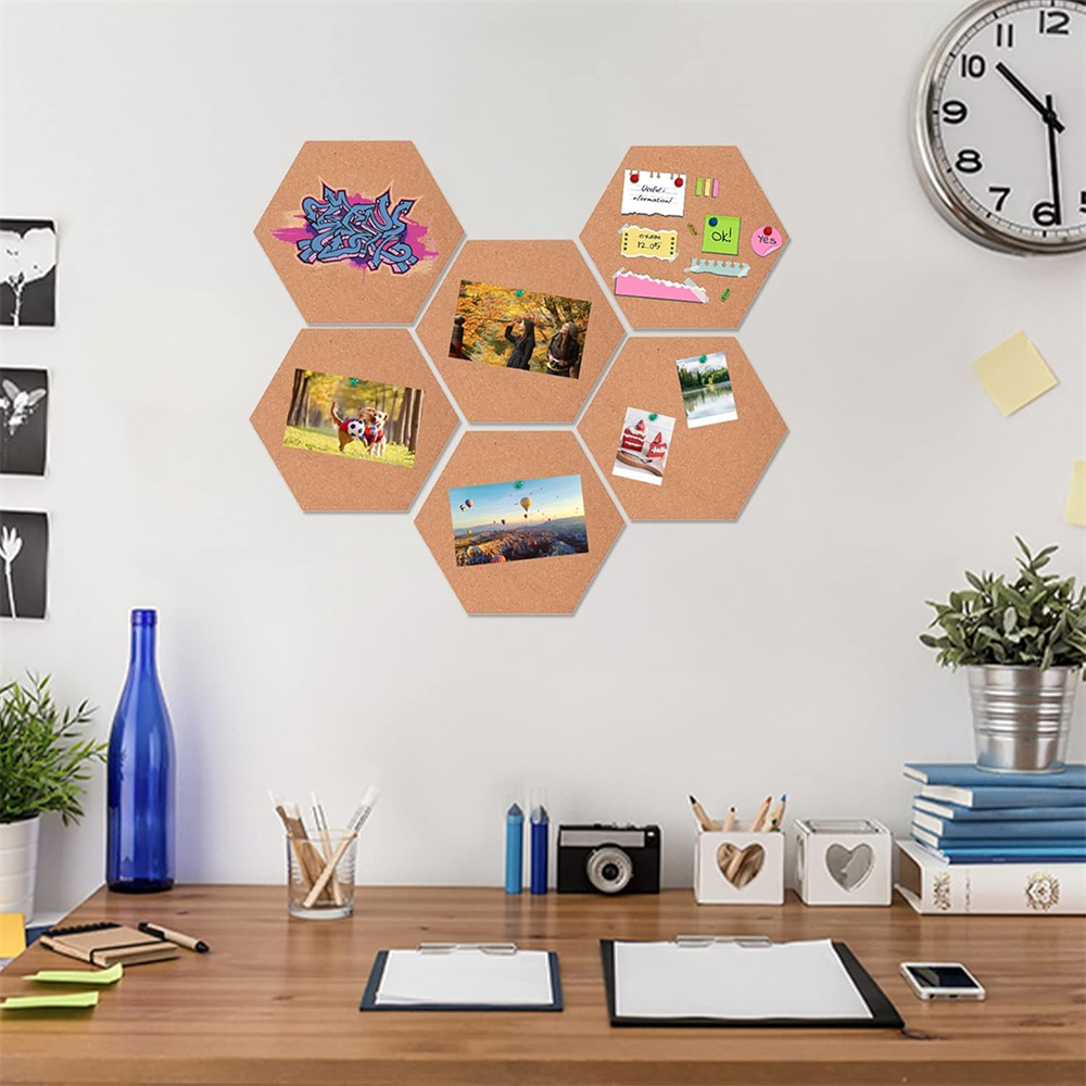 NOGIS Hexagon Cork Board Tiles Self Adhesive 6 Pack - 1/2" Thick Corkboards for Wall 8" x 7" Memo Boards Pin Board Decorative Bulletin Board for Office Home Kitchen - 40 Multi-Color Push Pins