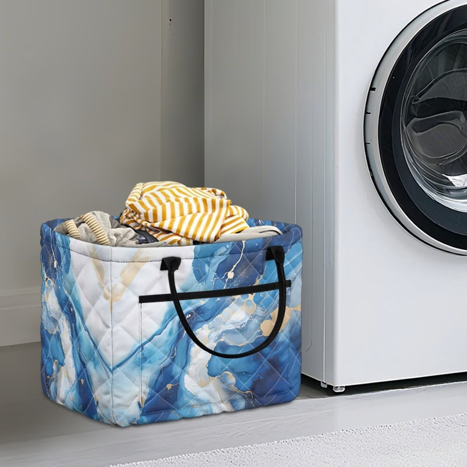 Yuyamidu Blue Marble Quilted Fabric Storage Basket with Handles Large Capacity Collapsible Laundry Hamper Nursery Organizer Bin for Home, Picnic, Shopping, Travel
