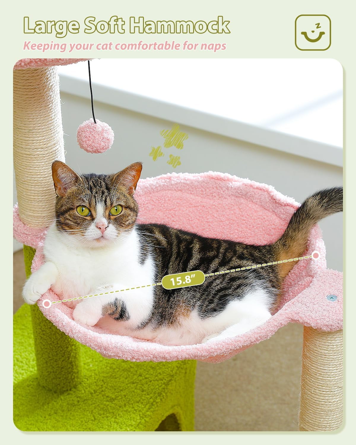 Flower  Tree with Large Metal Frame Hammock, 35" Cute  Tower with Sisal Scratching Posts for Small Indoor Cats,  Condo with Pink Top Perch for Kittens