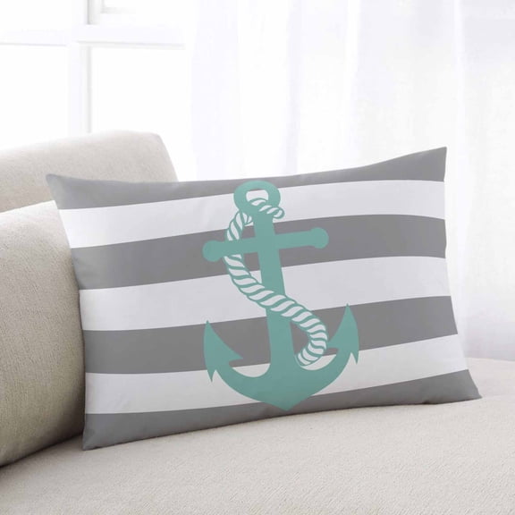 Nautical Anchor Throw Pillow Covers, Turquoise Grey White Horizontal Stripe Soft Breathable Pillow Cases with Invisible Zipper for Sleeping, Toddler Pillowcases for Couch Bed Sofa Chair 12x20 Inches