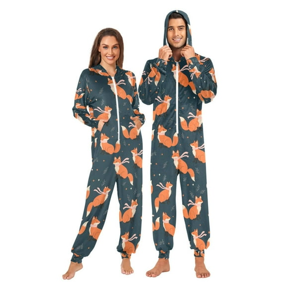 Adult Christmas Onesie Fox with Scarf Adult Zipper One-Piece Pajamas Unisex Pajamas with Pockets