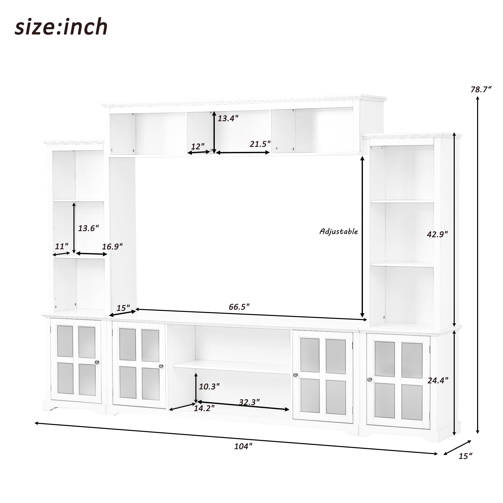 MAYEERTY 104*79"Large Wall Unit 3in1 TV Cabinet: Bookshelves, Cabinets, Open Shelves, Supports TVs Up to 66", White