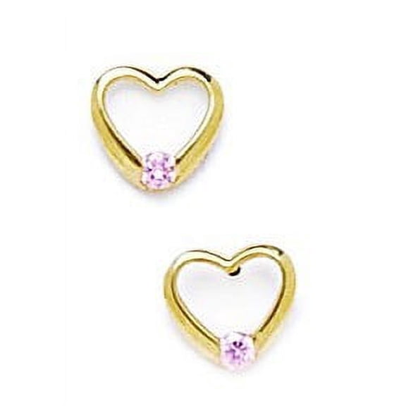 14k Yellow Gold October Pink 2x2mm CZ Heart Screw-Back Earrings - Measures 7x7mm