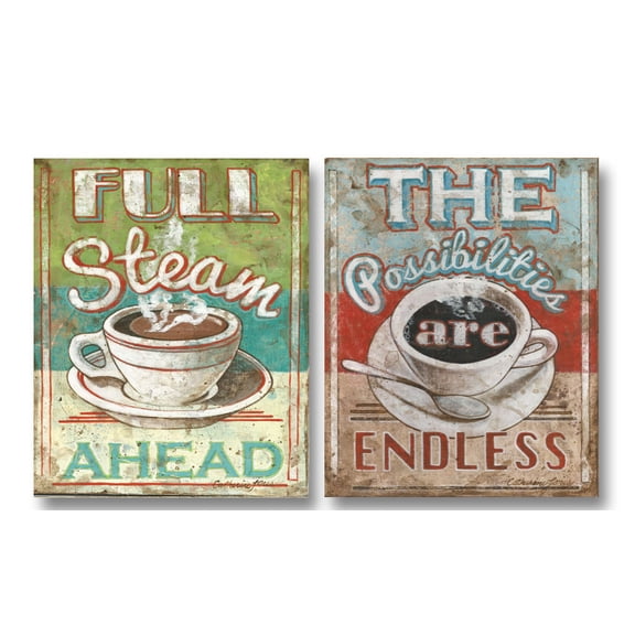 50's Diner-style Inspirational Coffee Prints; the Possibilities Are Endless & Full Steam Ahead; Two 11x14in Posters
