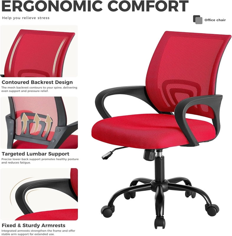 Simenmax Ergonomic Mid Back Office Chair, Red Mesh Computer Desk Chair with Lumbar Support, Rocking Mode for Home Office