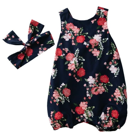 

1 Set Baby Girl Flower Rompers Sleeveless Jumpsuit Summer Clothes with Headband