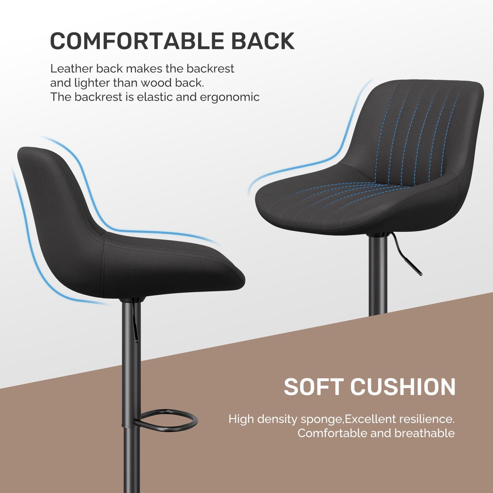 Daluvenix Adjustable Bar Stools Set of 4, Swivel Kitchen Bar Chairs with Back, Modern Tech Fabric Island Chairs for Home Kitchen, Black