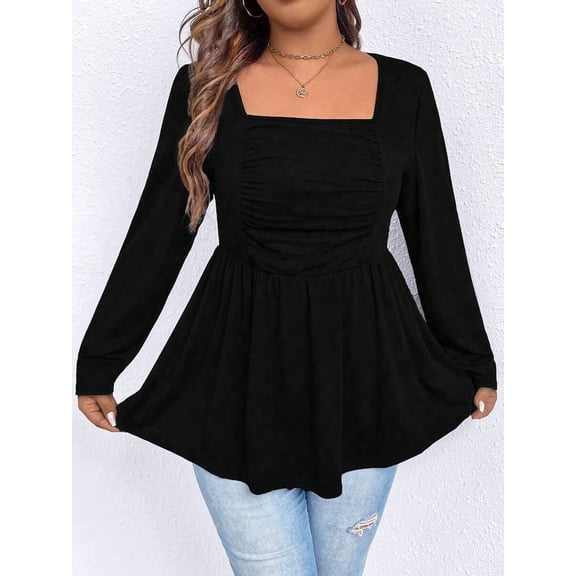 Women's Square Neck Ruched Top Long Sleeve Tunic Blouse