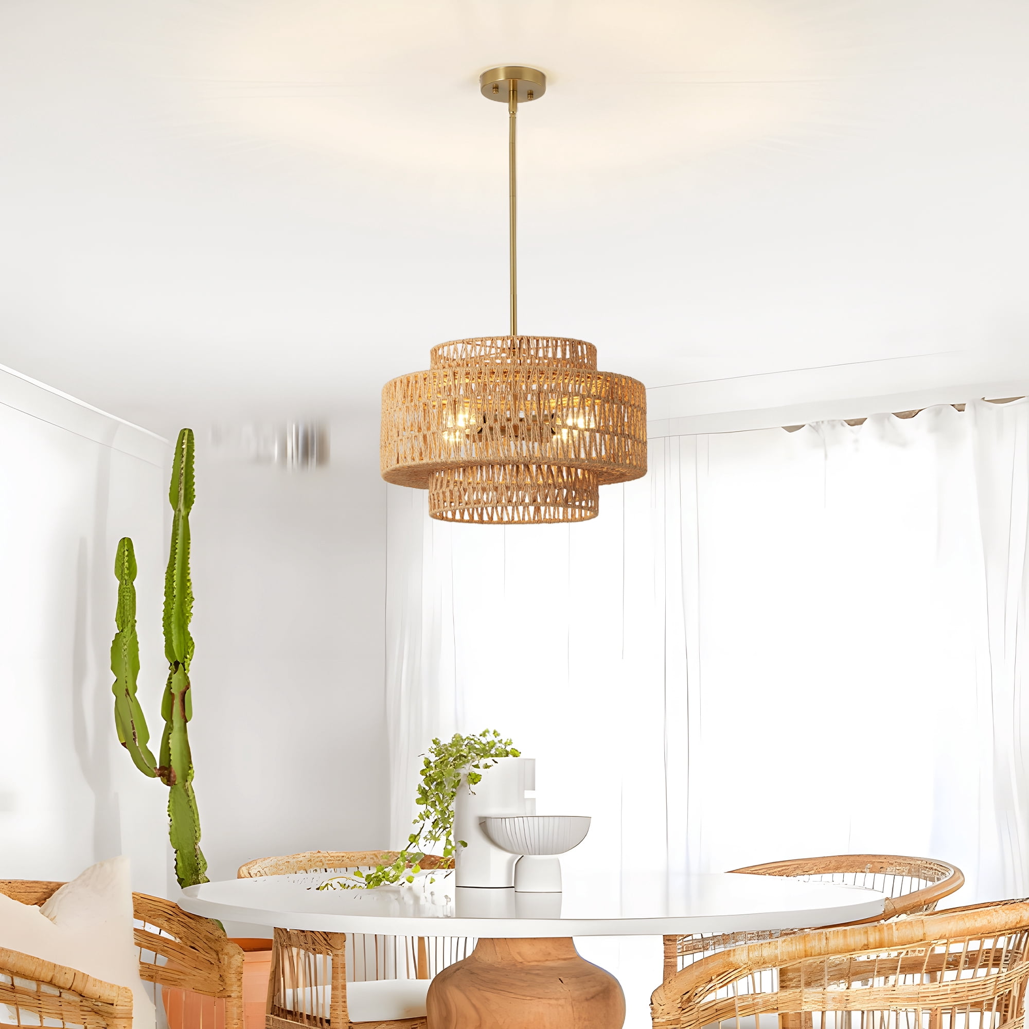 Leumius 17.7" Boho Rattan Chandelier, 4-Light Hand Woven Wicker Pendant Light Fixture, Farmhouse Rustic Hanging Chandelier for Dining Room, Kitchen Island, Living, Bedroom