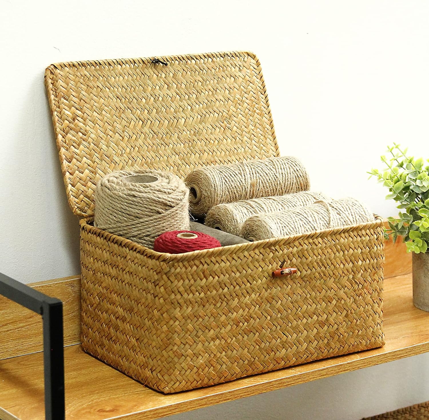 Wicker Storage Bins with Lid, 12.6inch Wicker Storage Baskets for Organizing, Rectangular Household Organizer Boxes,Woven Shelf Organizer Bins Home Utility Organizer Box for Home & Office Supplies