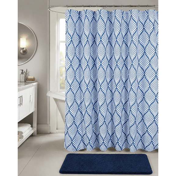 Serafina Home Hotel Quality Fabric Bathroom Shower Curtain: Tropical Palm Leaf - Navy and White (72 x 70 inches)