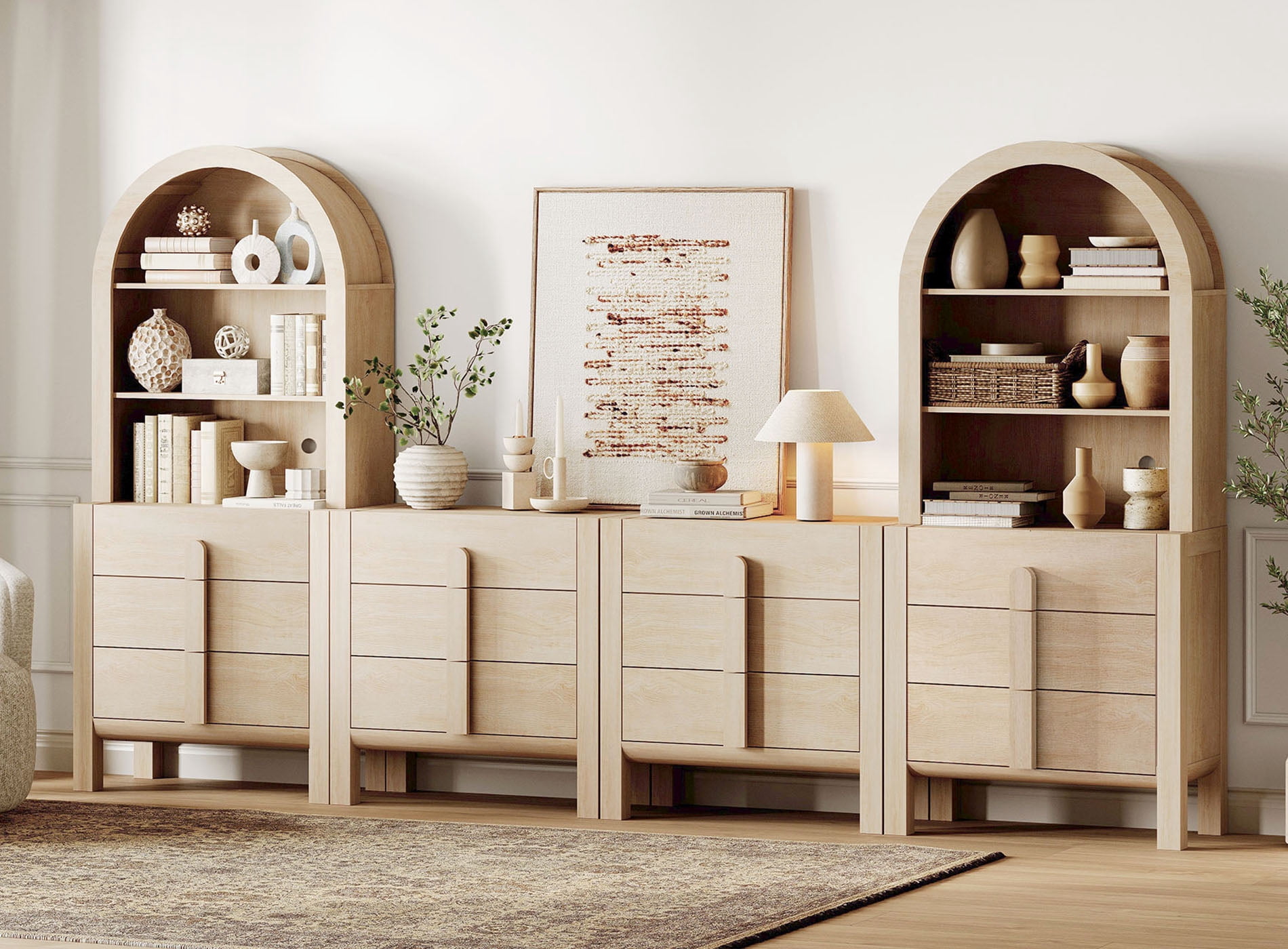 71"H X 126"W Tall Arched Bookshelf with 12 Drawers, Modern 6-Tier Bookcase with Open Storage, Large Wood Display Cabinet For Living Room Bedroom Home Office Kitchen