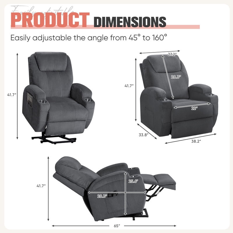 Homall Power Lift Massage Recliner Chair with Eight Vibrating Massages Ergonomic Chair with Side Pocket and Soft Corduroy for Living Room,Grey